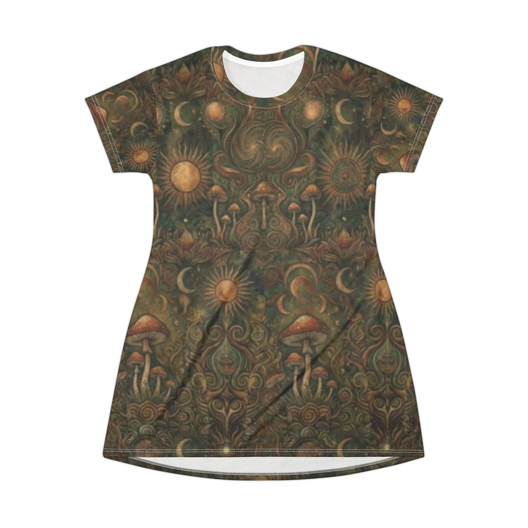 Mushroom Moon T-Shirt Dress — Boho Psychedelic Floral All-Over Print