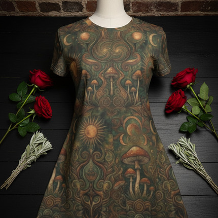 Mushroom Moon T-Shirt Dress — Boho Psychedelic Floral All-Over Print