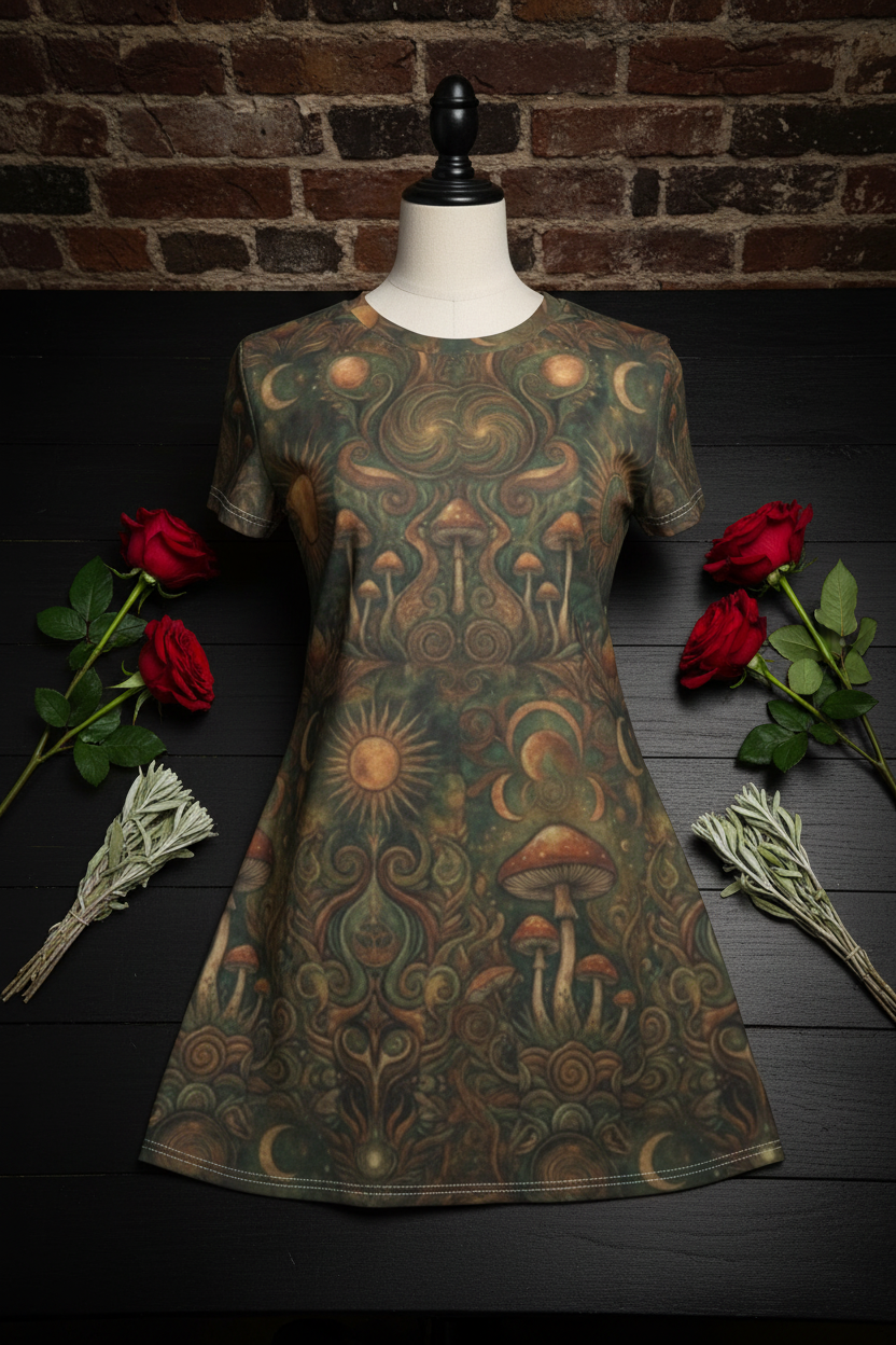 Mushroom Moon T-Shirt Dress — Boho Psychedelic Floral All-Over Print