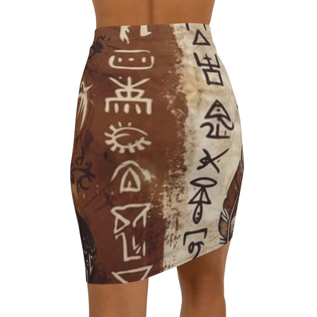 Boho Feather & Rune Mid‑Waist Pencil Skirt — Tribal Symbol Print