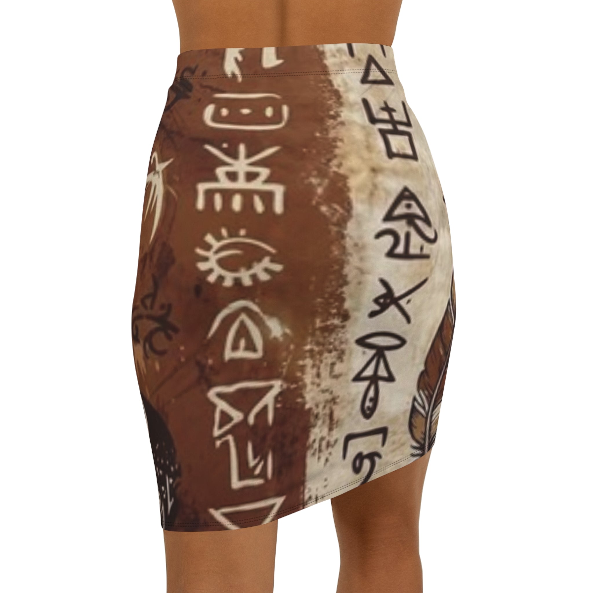 Boho Feather & Rune Mid‑Waist Pencil Skirt — Tribal Symbol Print