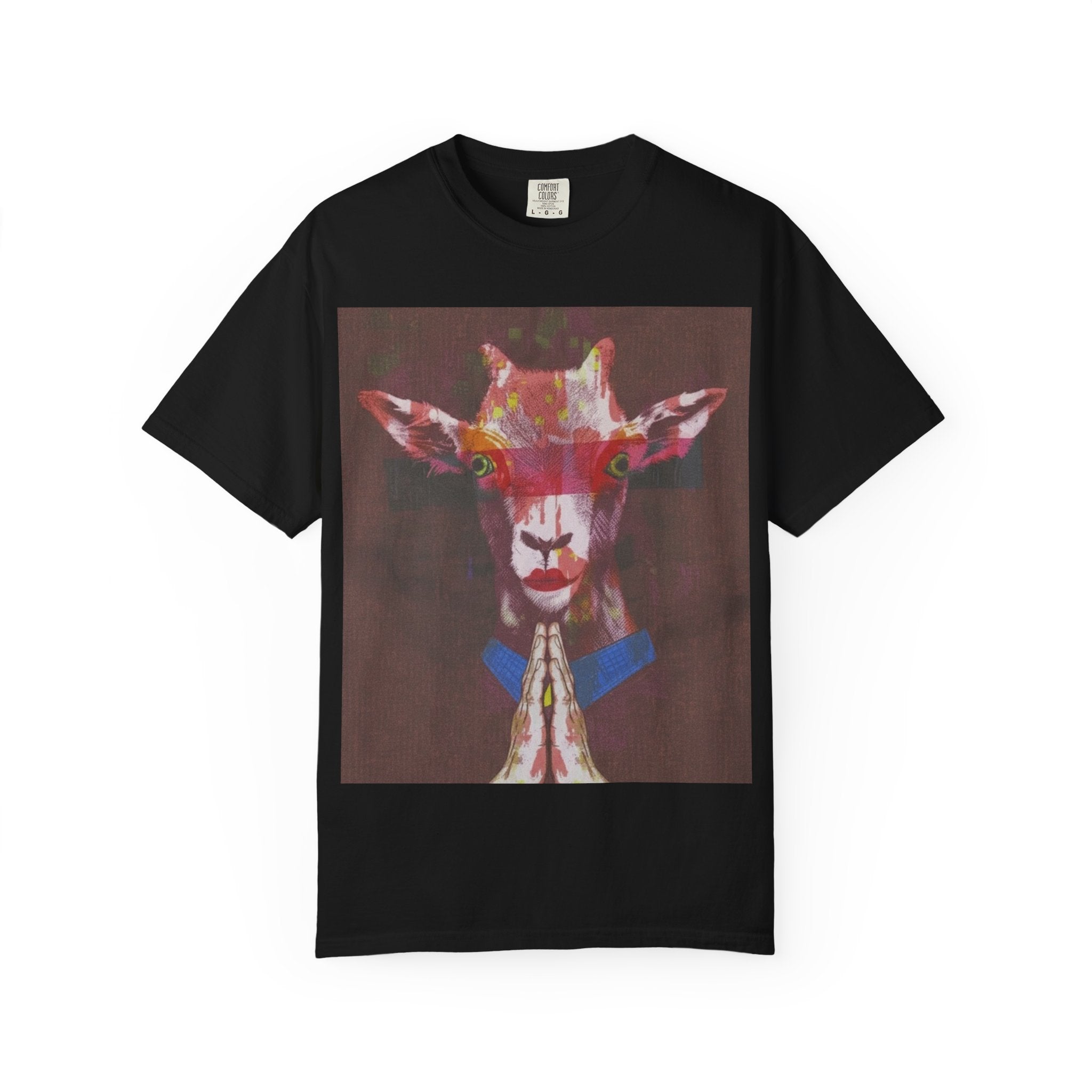 Praying Goat Art T-Shirt — Colorful Surreal Animal Portrait Tee