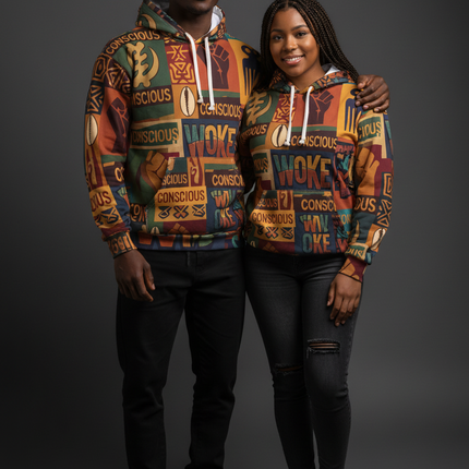 Woke & Conscious Pattern Hoodie — Afrocentric Empowerment Pullover