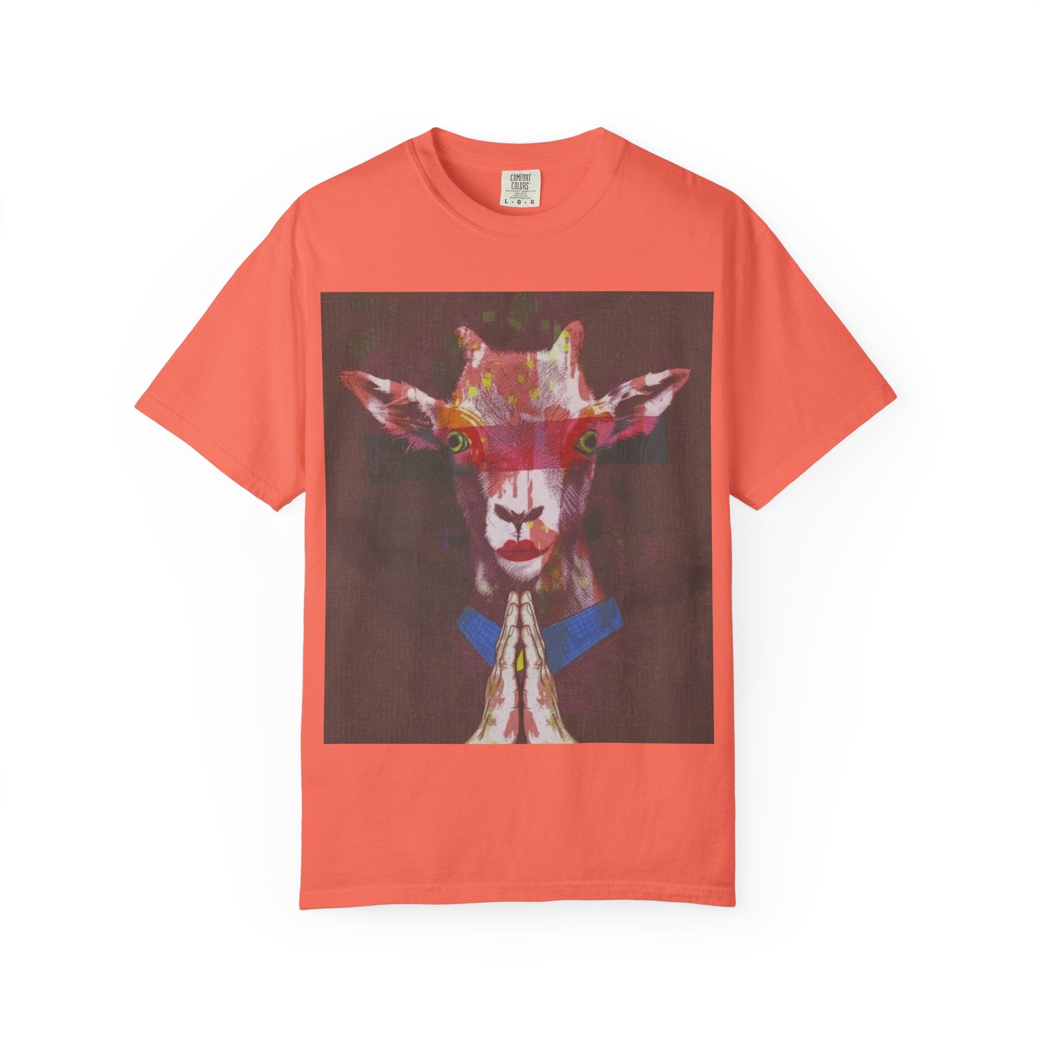 Praying Goat Art T-Shirt — Colorful Surreal Animal Portrait Tee