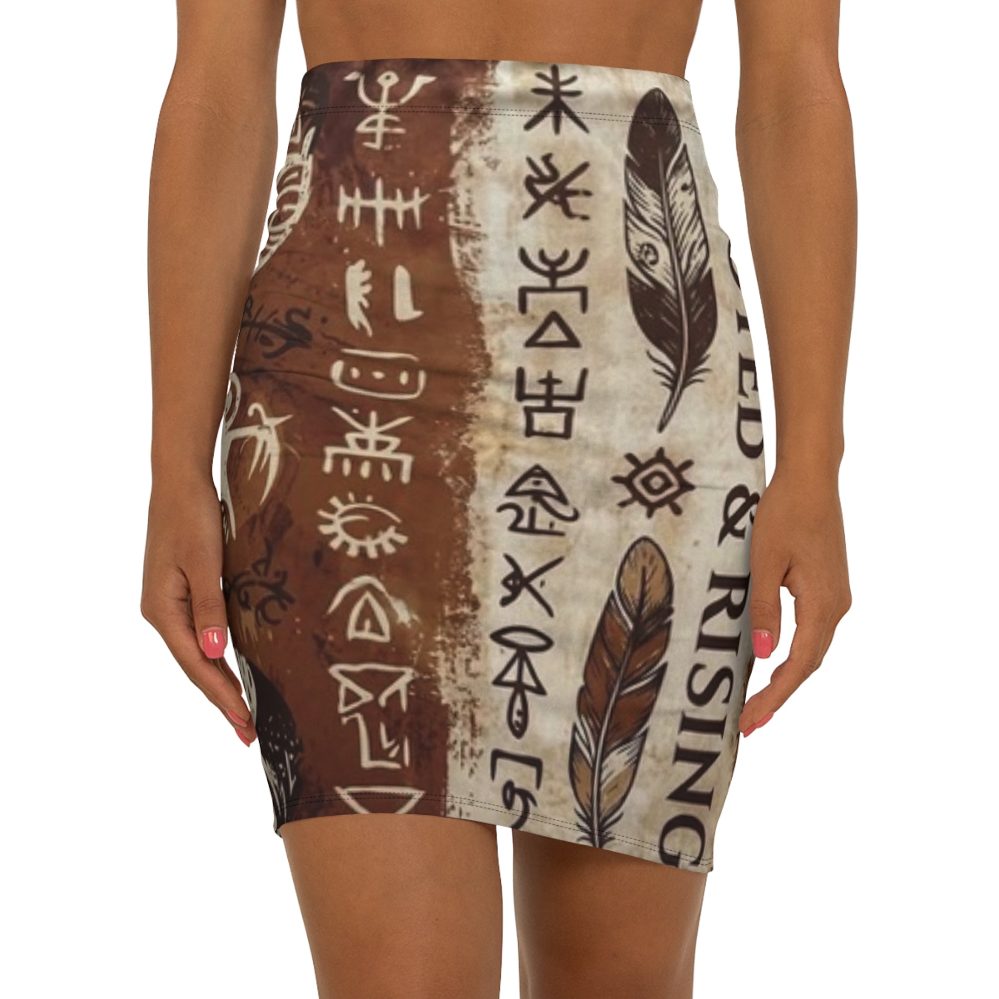 Boho Feather & Rune Mid‑Waist Pencil Skirt — Tribal Symbol Print