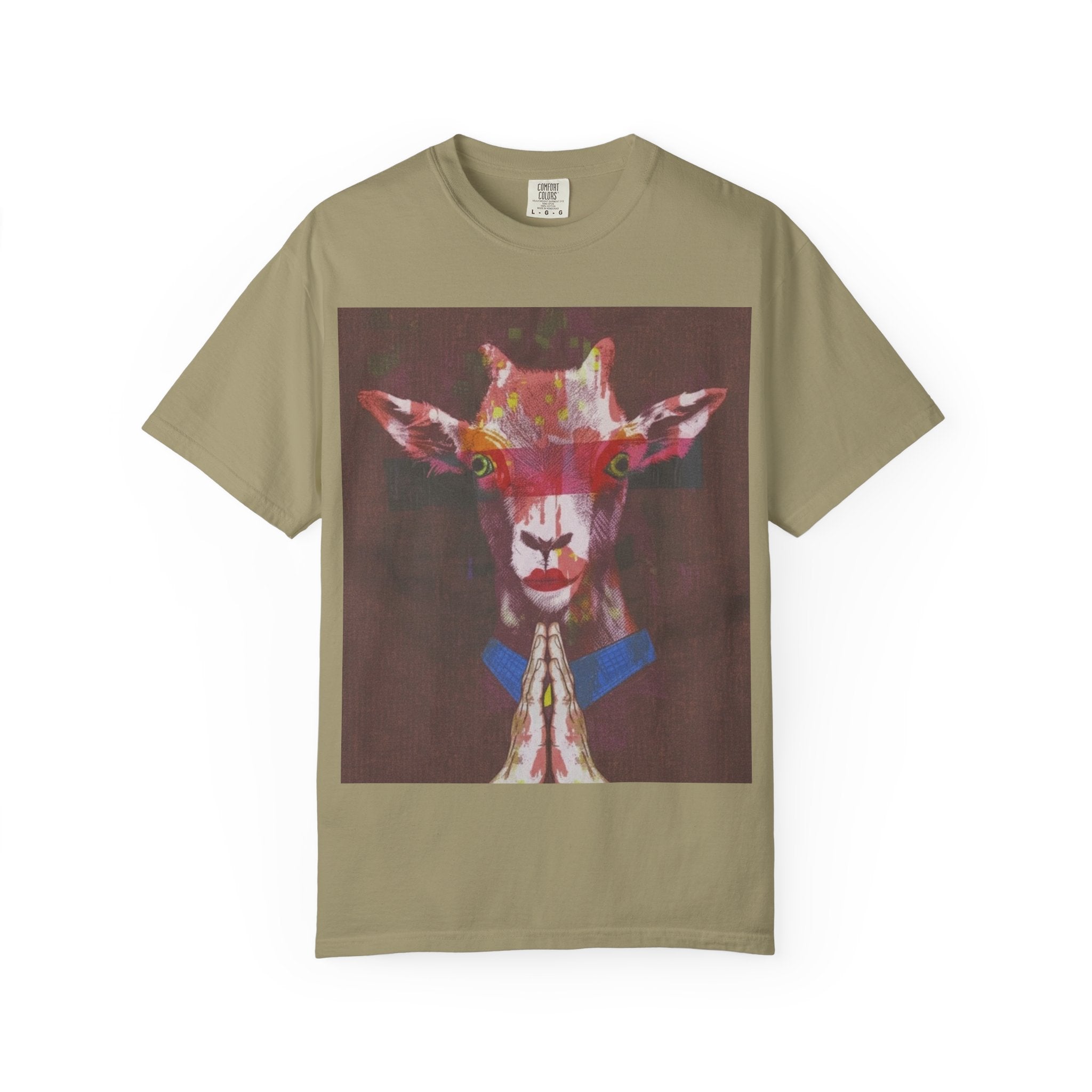 Praying Goat Art T-Shirt — Colorful Surreal Animal Portrait Tee