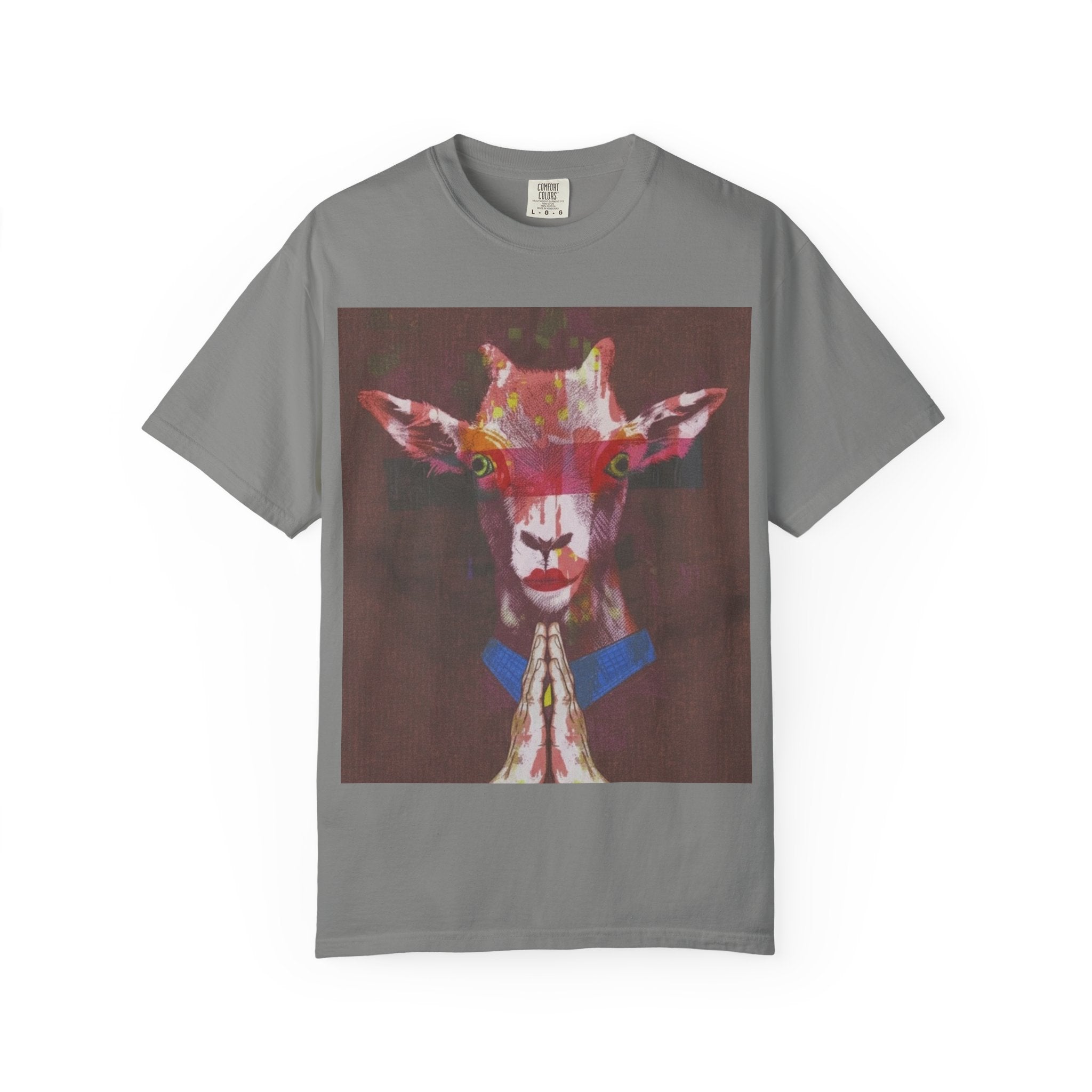 Praying Goat Art T-Shirt — Colorful Surreal Animal Portrait Tee