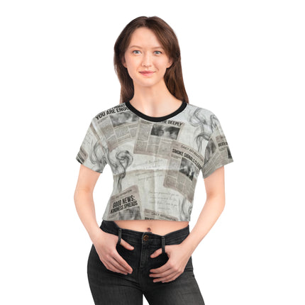 Newspaper Collage Crop Tee — Positive Headlines & Smoke Print