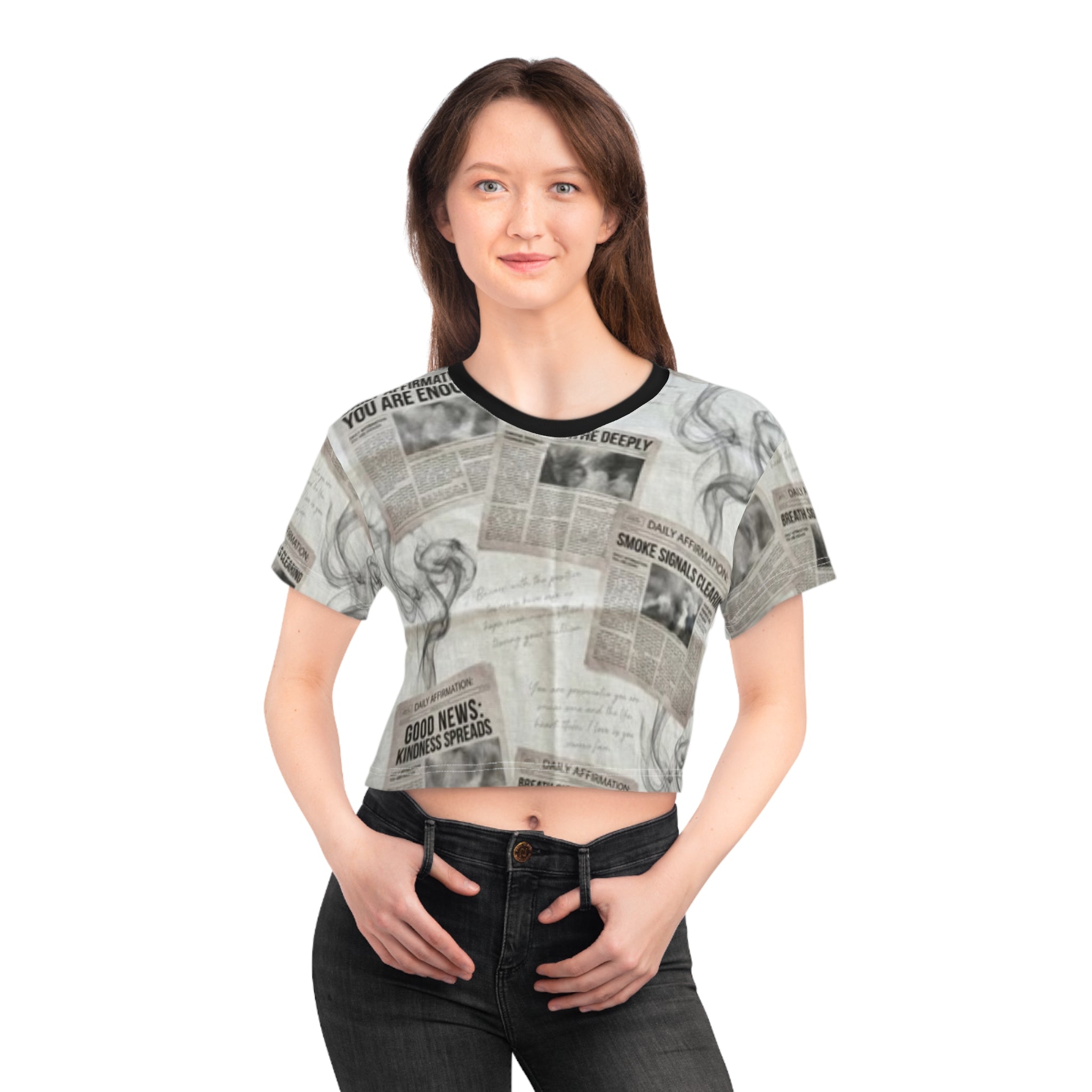 Newspaper Collage Crop Tee — Positive Headlines & Smoke Print