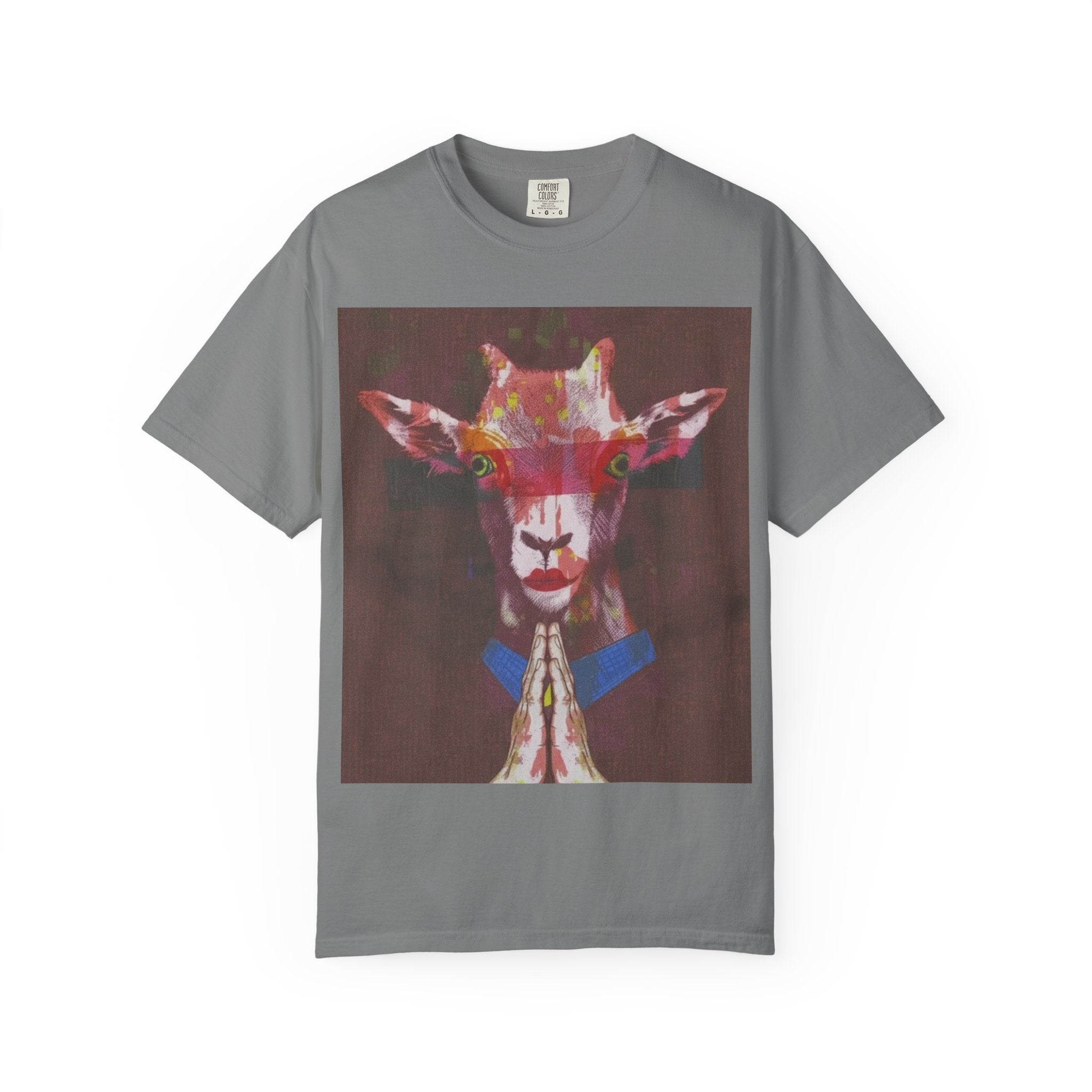 Praying Goat Art T-Shirt — Colorful Surreal Animal Portrait Tee