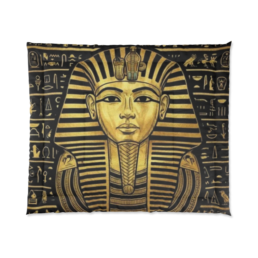 Egyptian Pharaoh Comforter – Gold Tutankhamun Hieroglyphic Bedspread