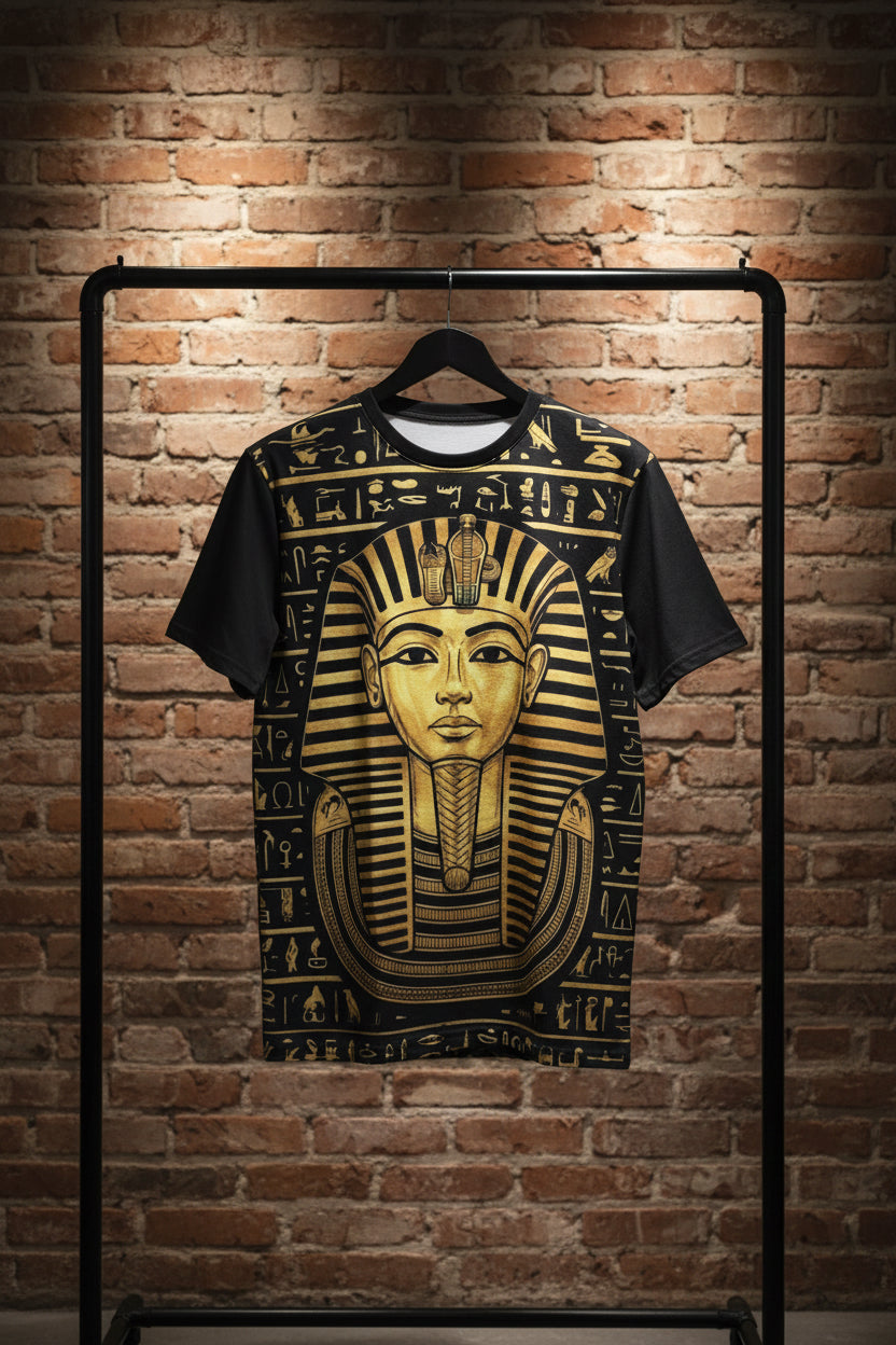 Pharaoh Gold Mask Men's Tee — Ancient Egyptian Hieroglyphic Graphic Shirt