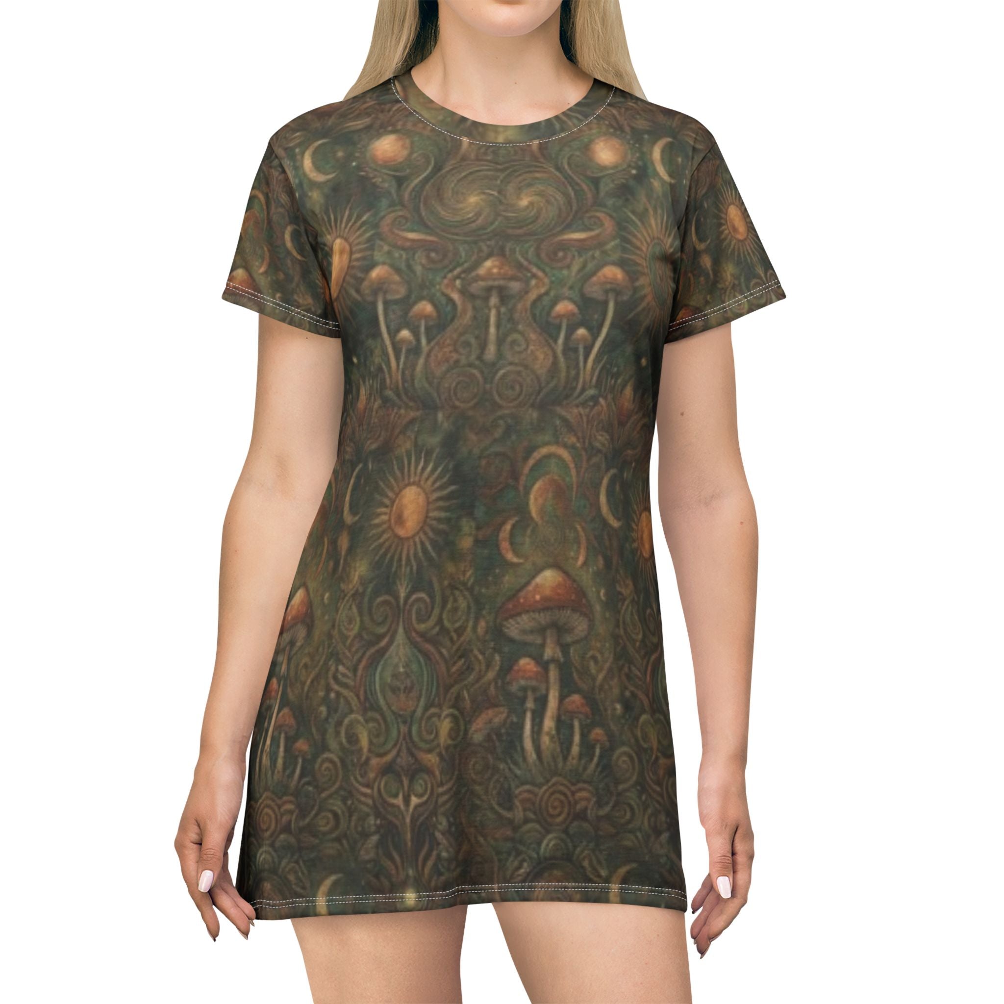 Mushroom Moon T-Shirt Dress — Boho Psychedelic Floral All-Over Print