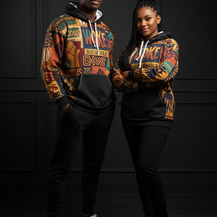 Woke & Conscious Pattern Hoodie — Sustainable Afrocentric Fist Design