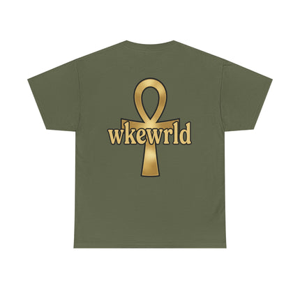 Ankh Logo Tee — Gold "wkewrld" Graphic T-Shirt