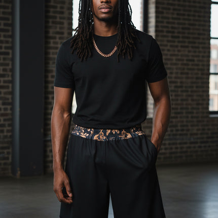 Black Sports Shorts with Ornate Copper Baroque Trim — Men's Athletic Shorts