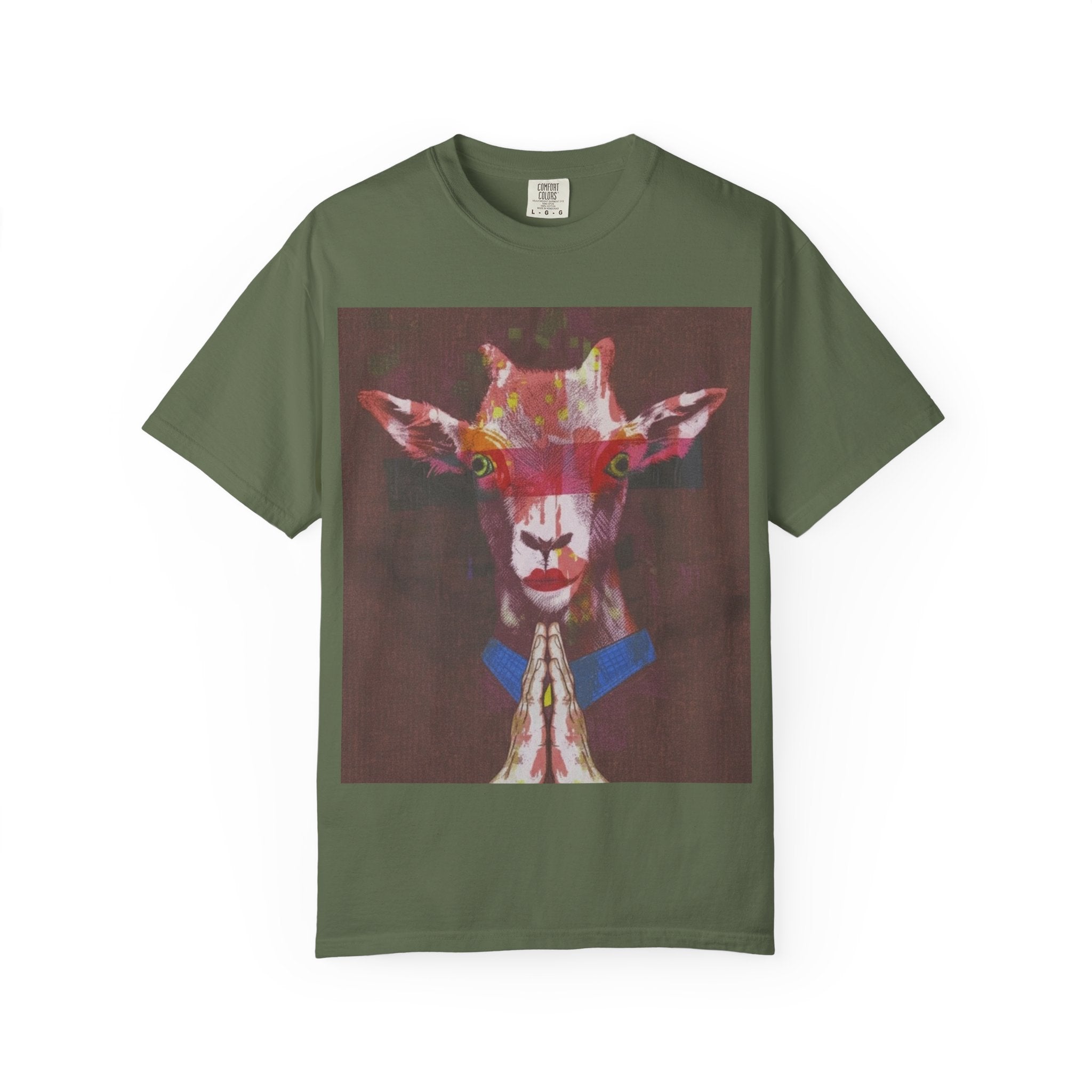 Praying Goat Art T-Shirt — Colorful Surreal Animal Portrait Tee