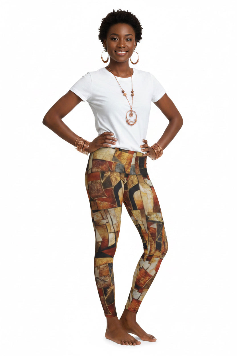 Abstract Mosaic Leggings — Earth Tone All-Over Print