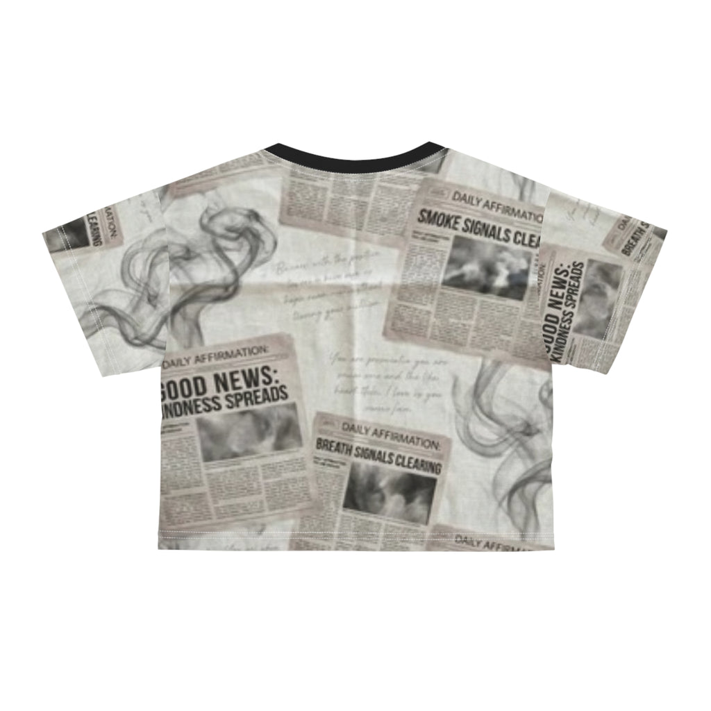 Newspaper Collage Crop Tee — Positive Headlines & Smoke Print