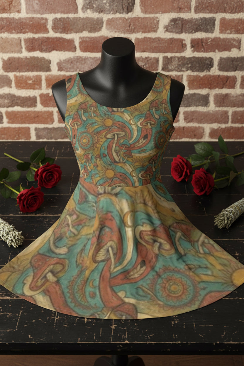 Boho Paisley Skater Dress – Vintage Teal & Earthtone All-Over Print