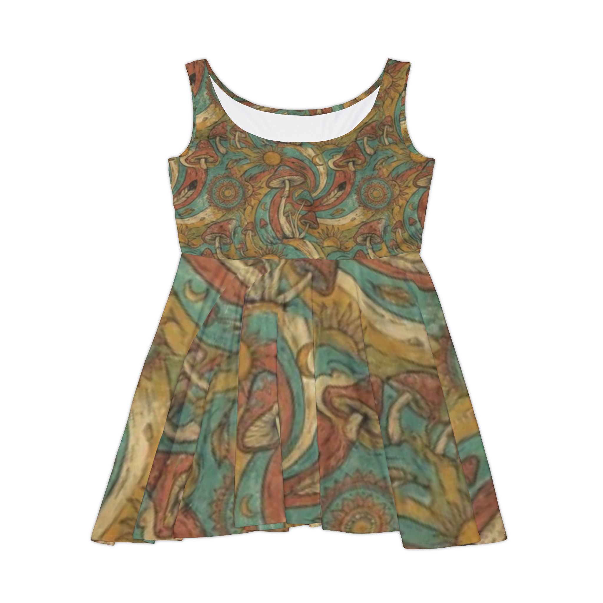 Boho Paisley Skater Dress – Vintage Teal & Earthtone All-Over Print