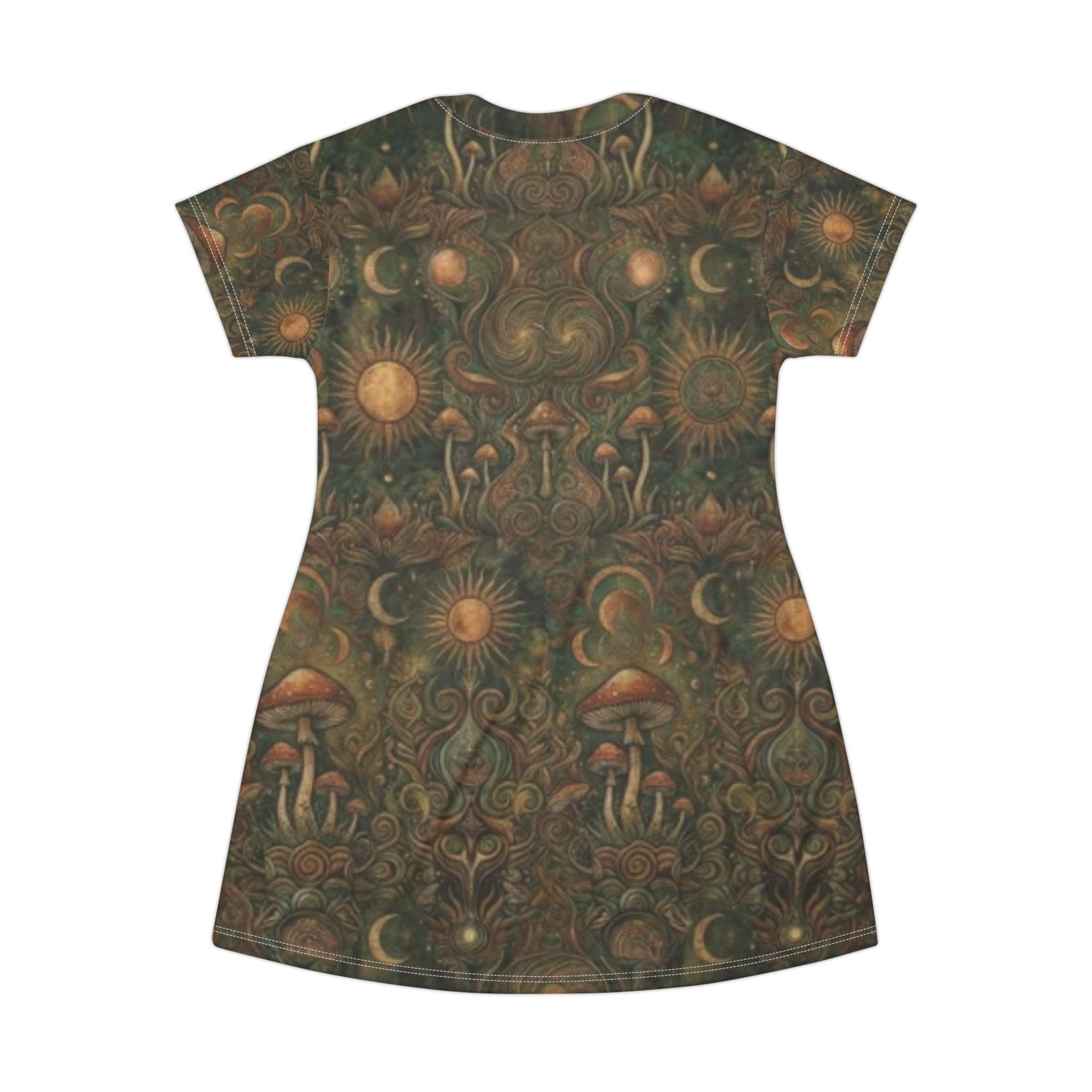 Mushroom Moon T-Shirt Dress — Boho Psychedelic Floral All-Over Print