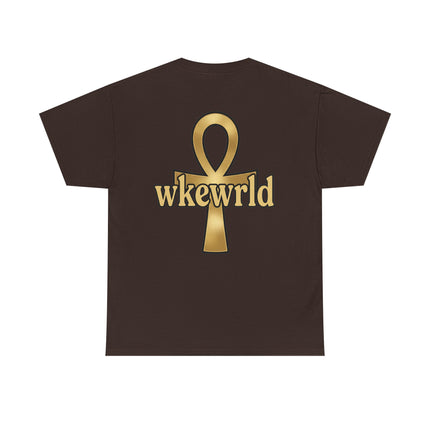 Ankh Logo Tee — Gold "wkewrld" Graphic T-Shirt