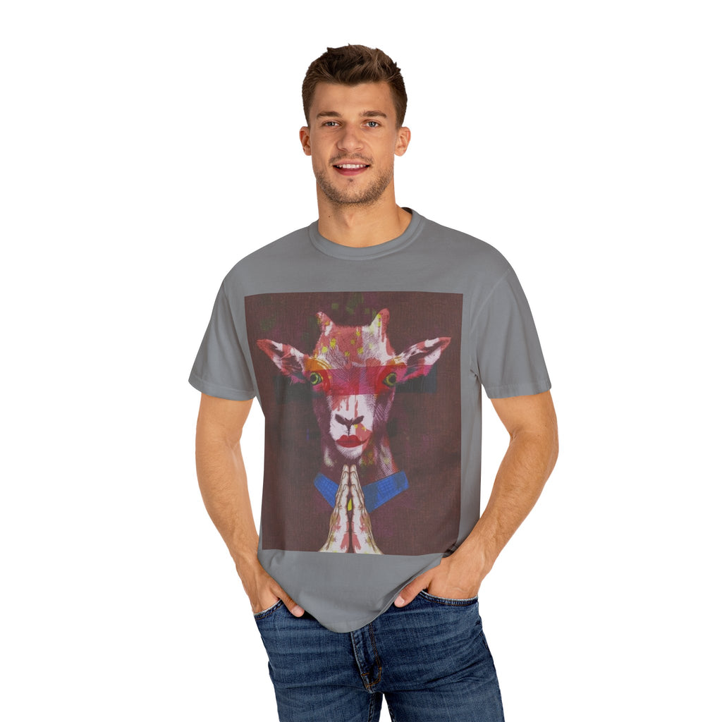Praying Goat Art T-Shirt — Colorful Surreal Animal Portrait Tee