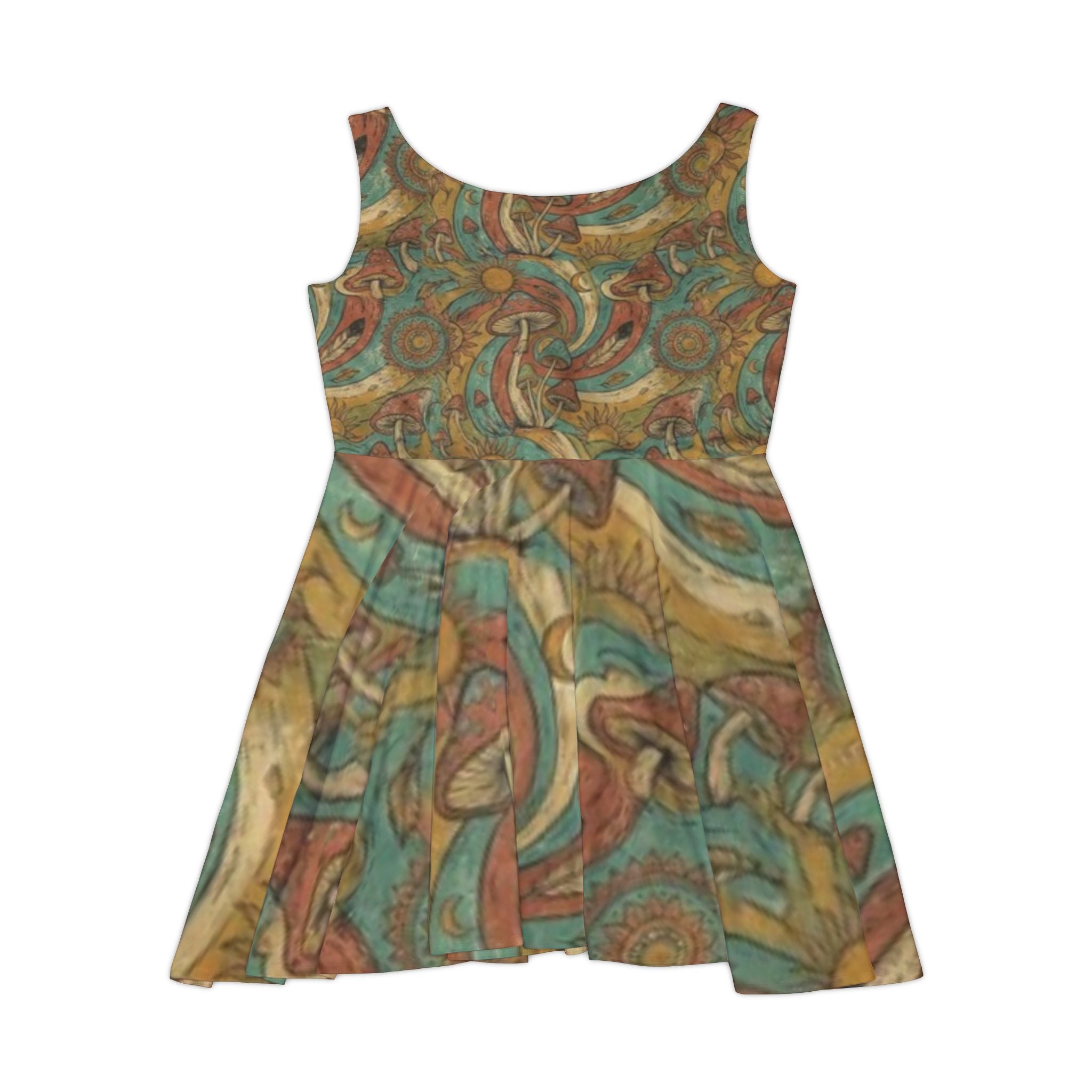 Boho Paisley Skater Dress – Vintage Teal & Earthtone All-Over Print