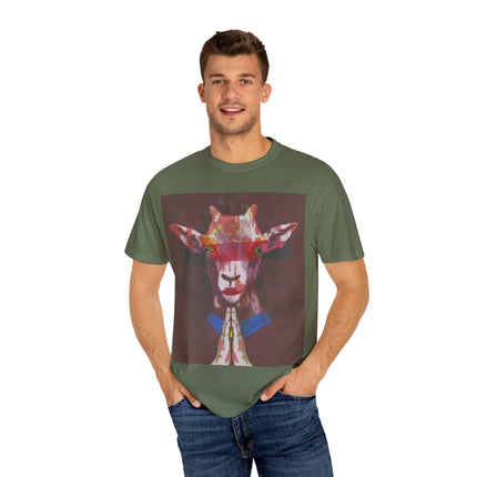 Praying Goat Art T-Shirt — Colorful Surreal Animal Portrait Tee