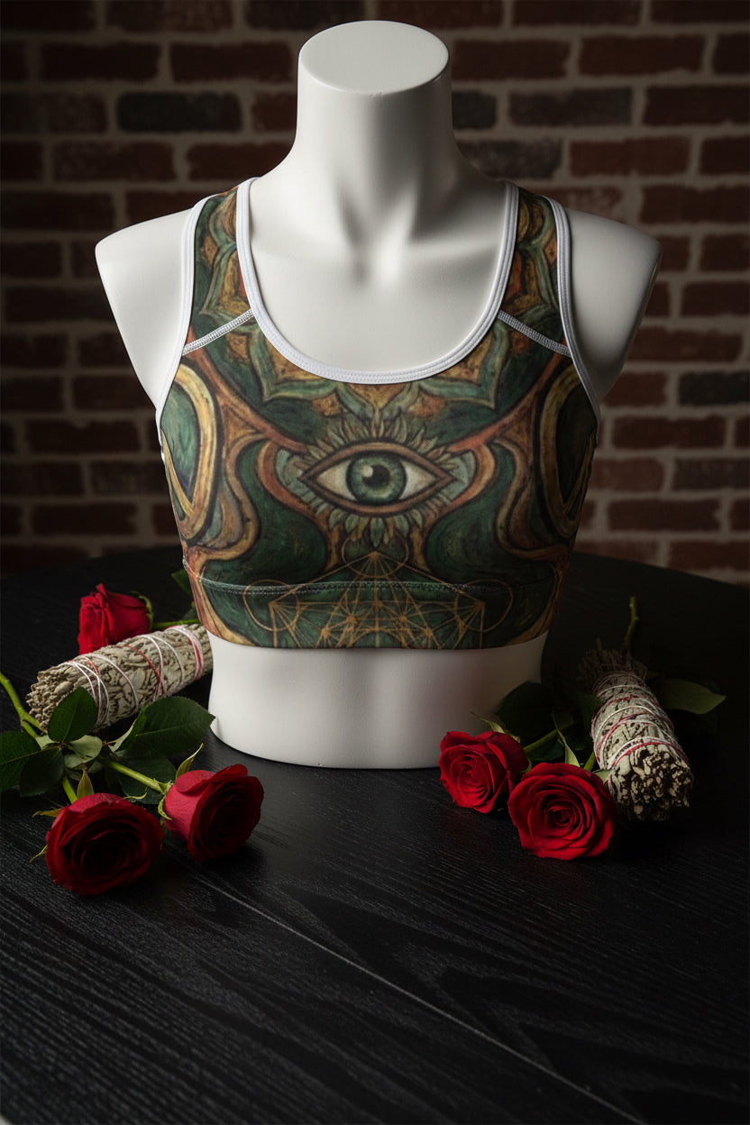 Mystic Eye All-Over-Print Sports Bra — Boho Peace Symbol Athletic Crop