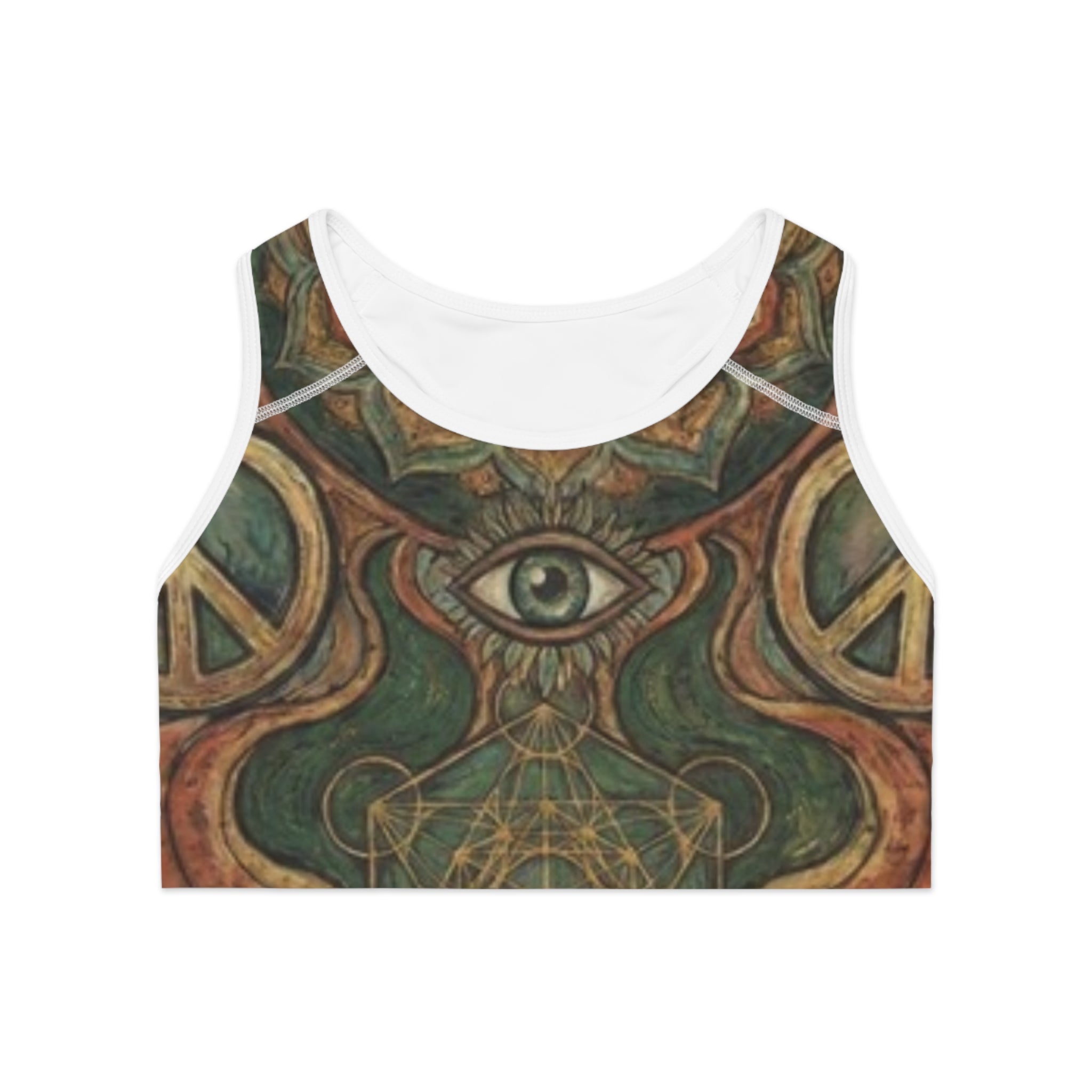 Mystic Eye All-Over-Print Sports Bra — Boho Peace Symbol Athletic Crop