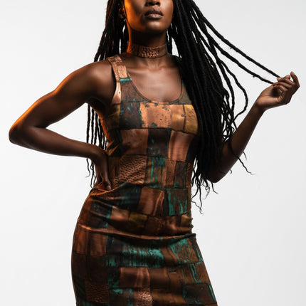 Copper themed Patchwork Autumn Racerback Dress — Multicolor Boho AOP Tank Dress