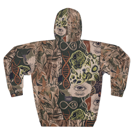 All-Over Print Hoodie — Botanical Science Collage with 'Renew' Eye Motif