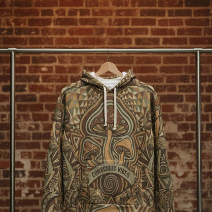Mushroom Psychedelic Hoodie – Trippy Brown All-Over Print Pullover