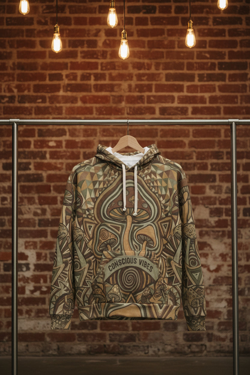 Mushroom Psychedelic Hoodie – Trippy Brown All-Over Print Pullover