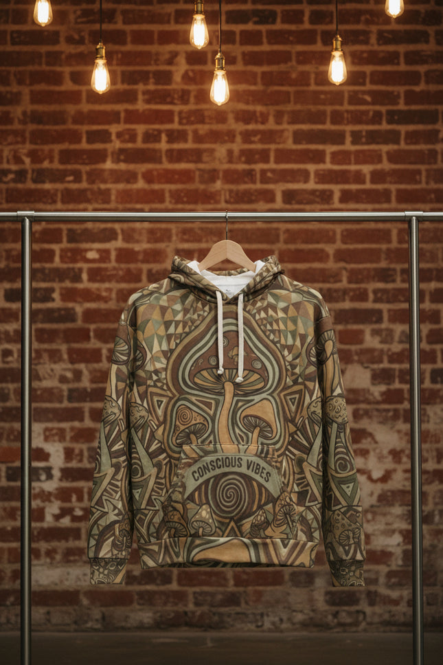 Mushroom Psychedelic Hoodie – Trippy Brown All-Over Print Pullover
