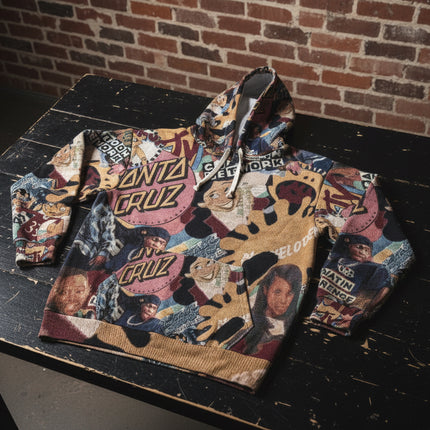 90s Cartoon Themed All-Over Print Hoodie — Vintage Burlap Musical Pattern