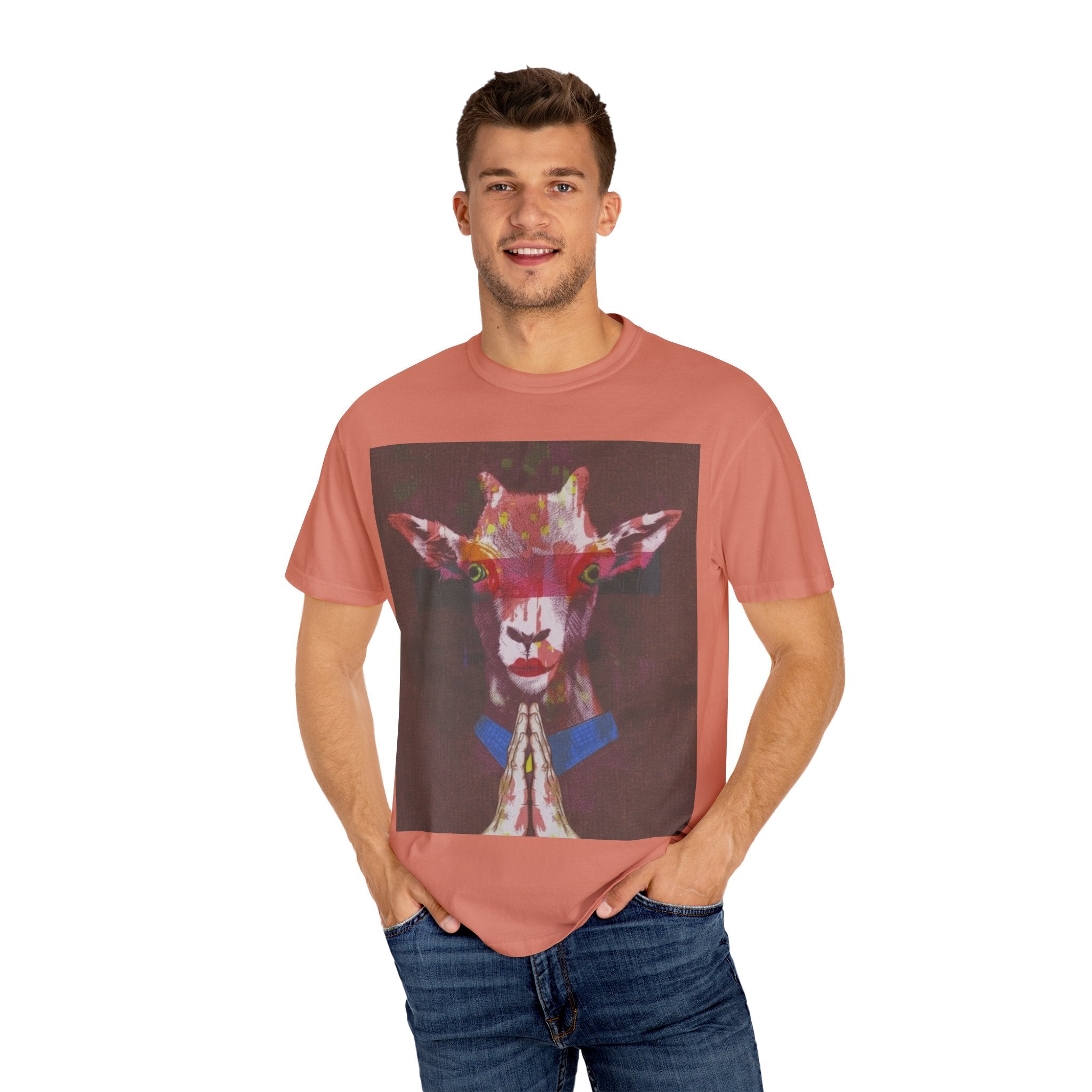 Praying Goat Art T-Shirt — Colorful Surreal Animal Portrait Tee
