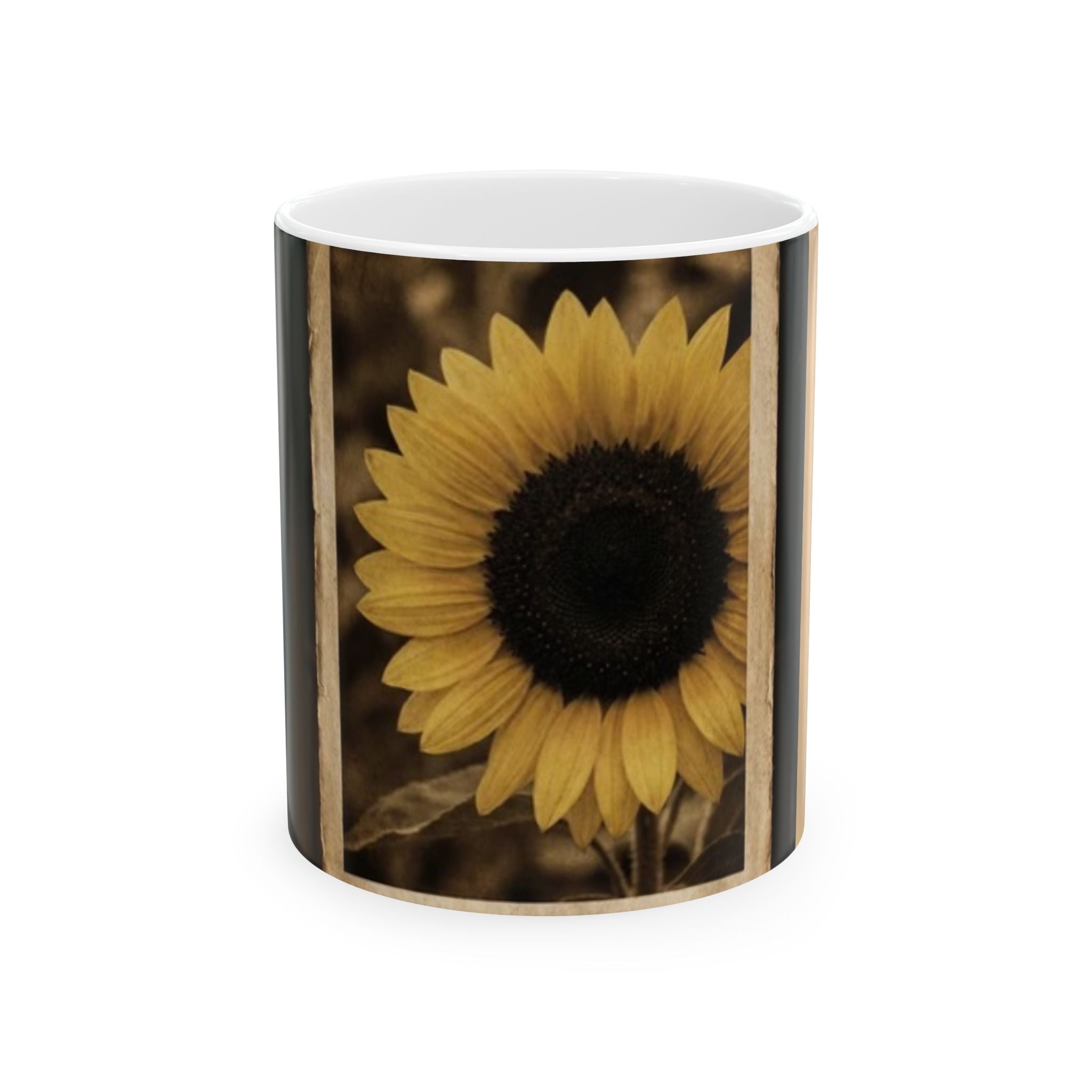 Sunflower Vintage Ceramic Mug — Sepia Botanical Coffee Cup (11oz & 15oz)