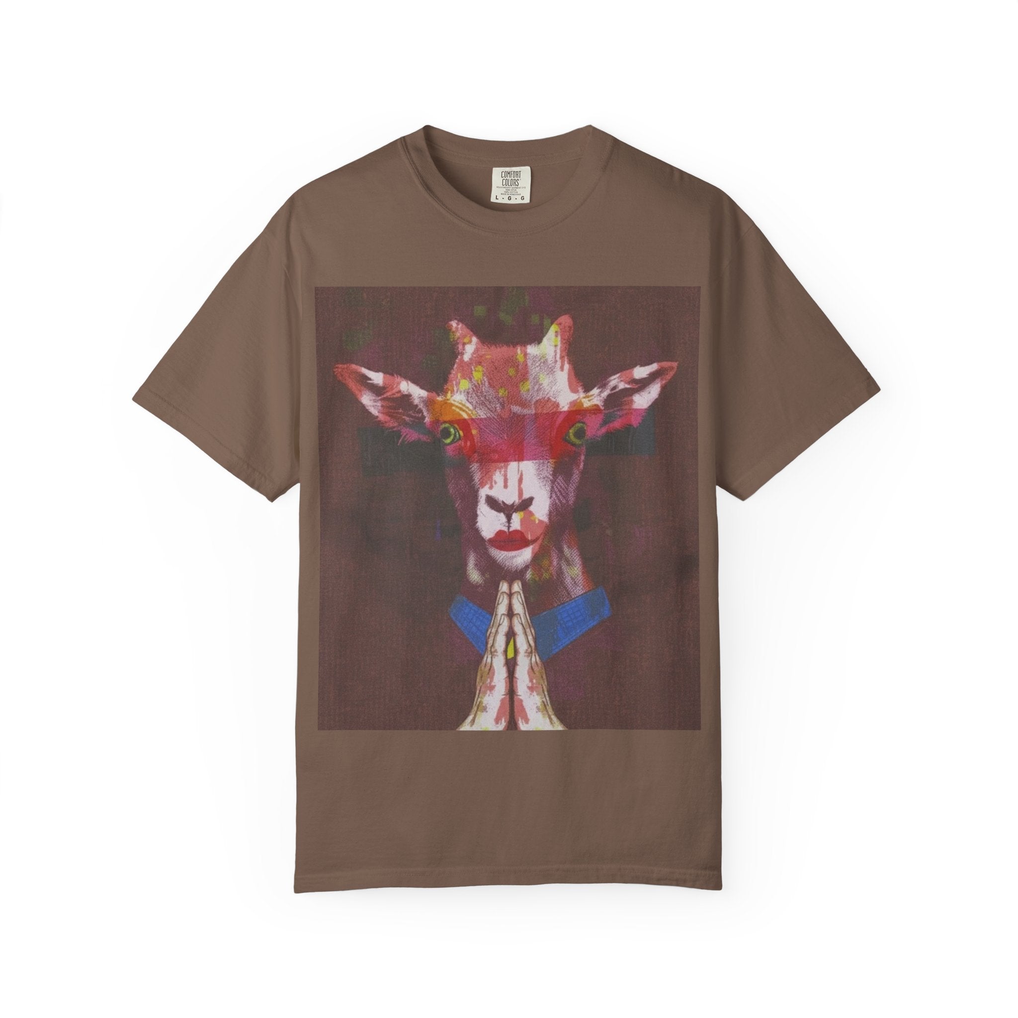 Praying Goat Art T-Shirt — Colorful Surreal Animal Portrait Tee