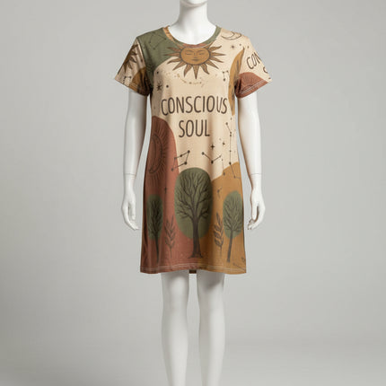 Conscious Soul T‑Shirt Dress — Boho Sun & Moon All‑Over Print