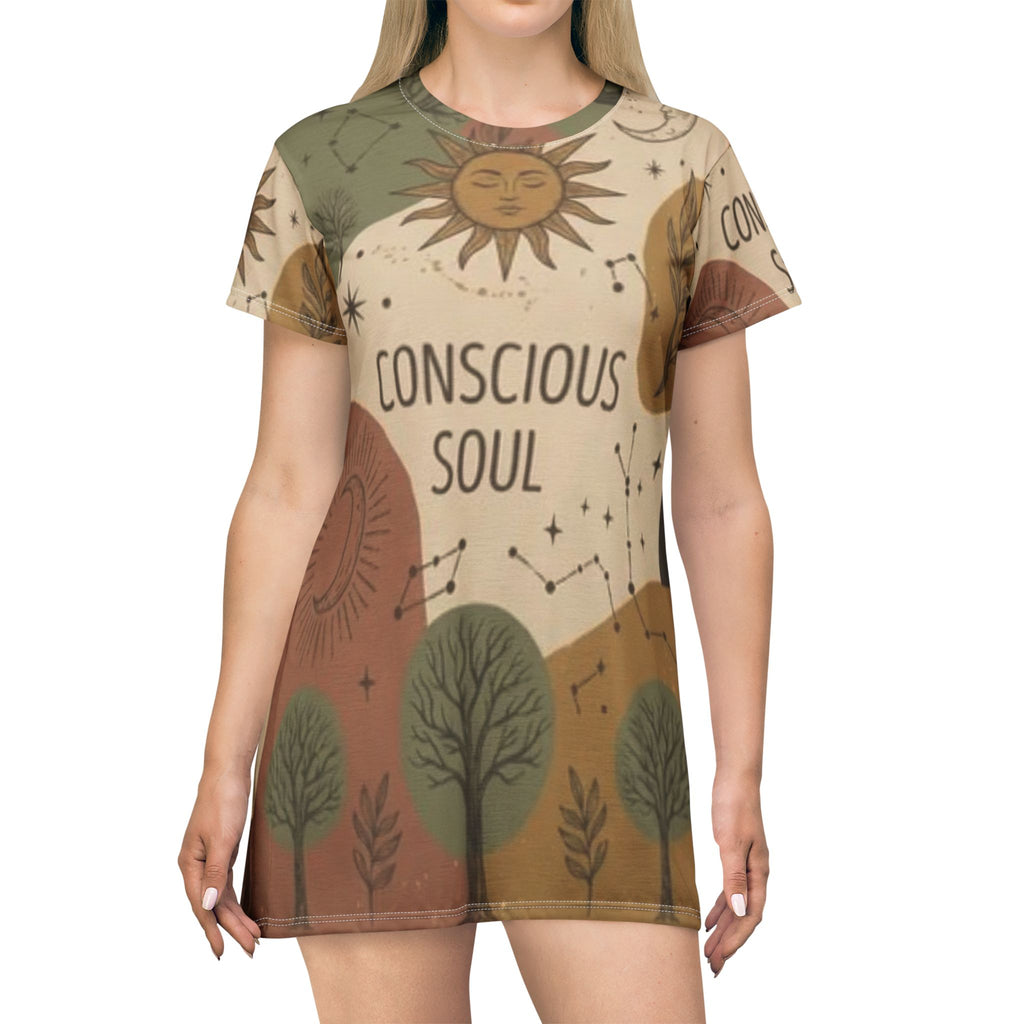 Conscious Soul T‑Shirt Dress — Boho Sun & Moon All‑Over Print