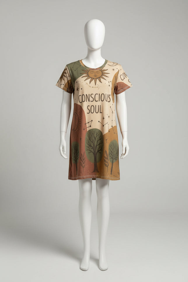 Conscious Soul T‑Shirt Dress — Boho Sun & Moon All‑Over Print