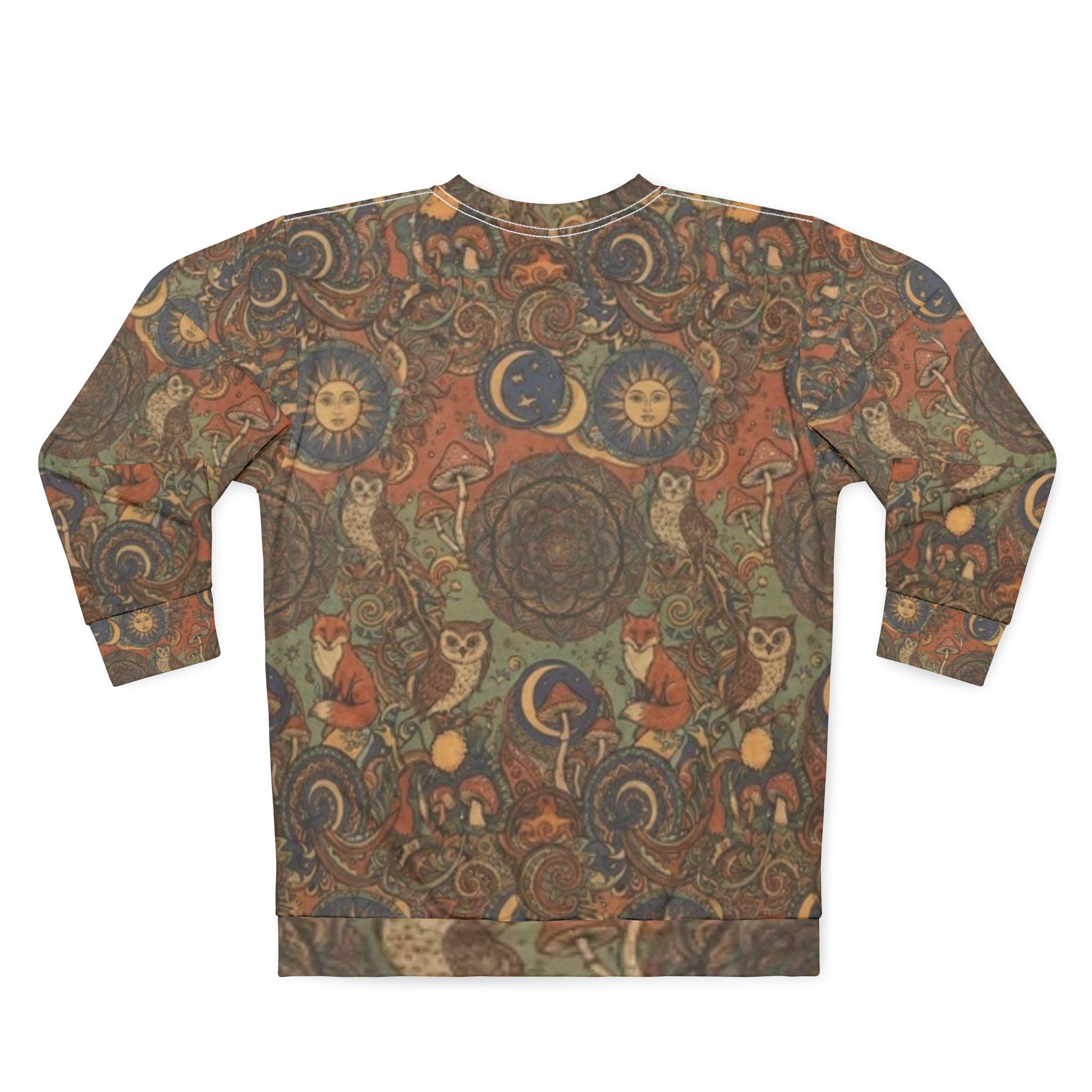 WKE Collage Theme All-Over-Print Sweatshirt — Vintage Sun & Moon Psychedelic Pattern