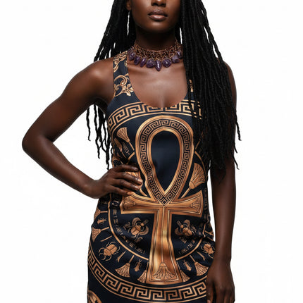 Ankh Egyptian Art Style Autumn Racerback Dress — Multicolor Boho AOP Tank Dress