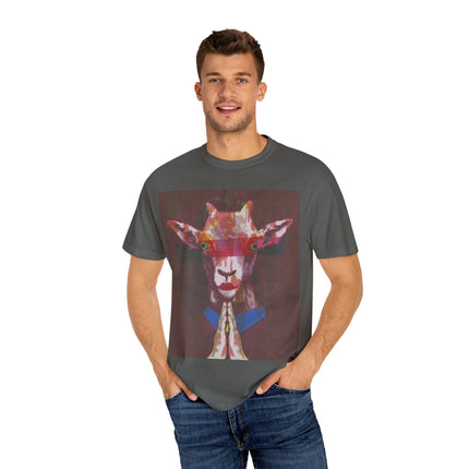 Praying Goat Art T-Shirt — Colorful Surreal Animal Portrait Tee