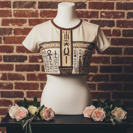 Egyptian Hieroglyph Crop Top Tee — Vintage Ankh & Script All-Over Print