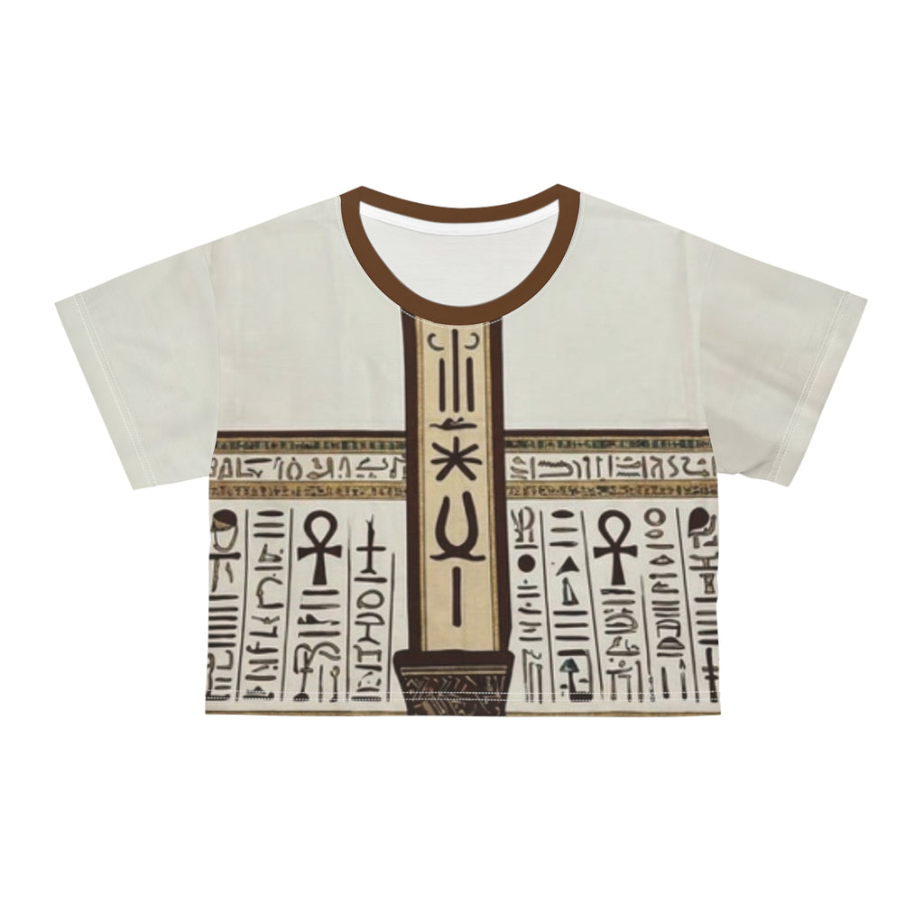 Egyptian Hieroglyph Crop Top Tee — Vintage Ankh & Script All-Over Print