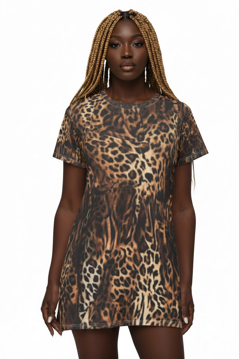 Leopard Print T-Shirt Dress — All-Over Animal Print Mini Dress